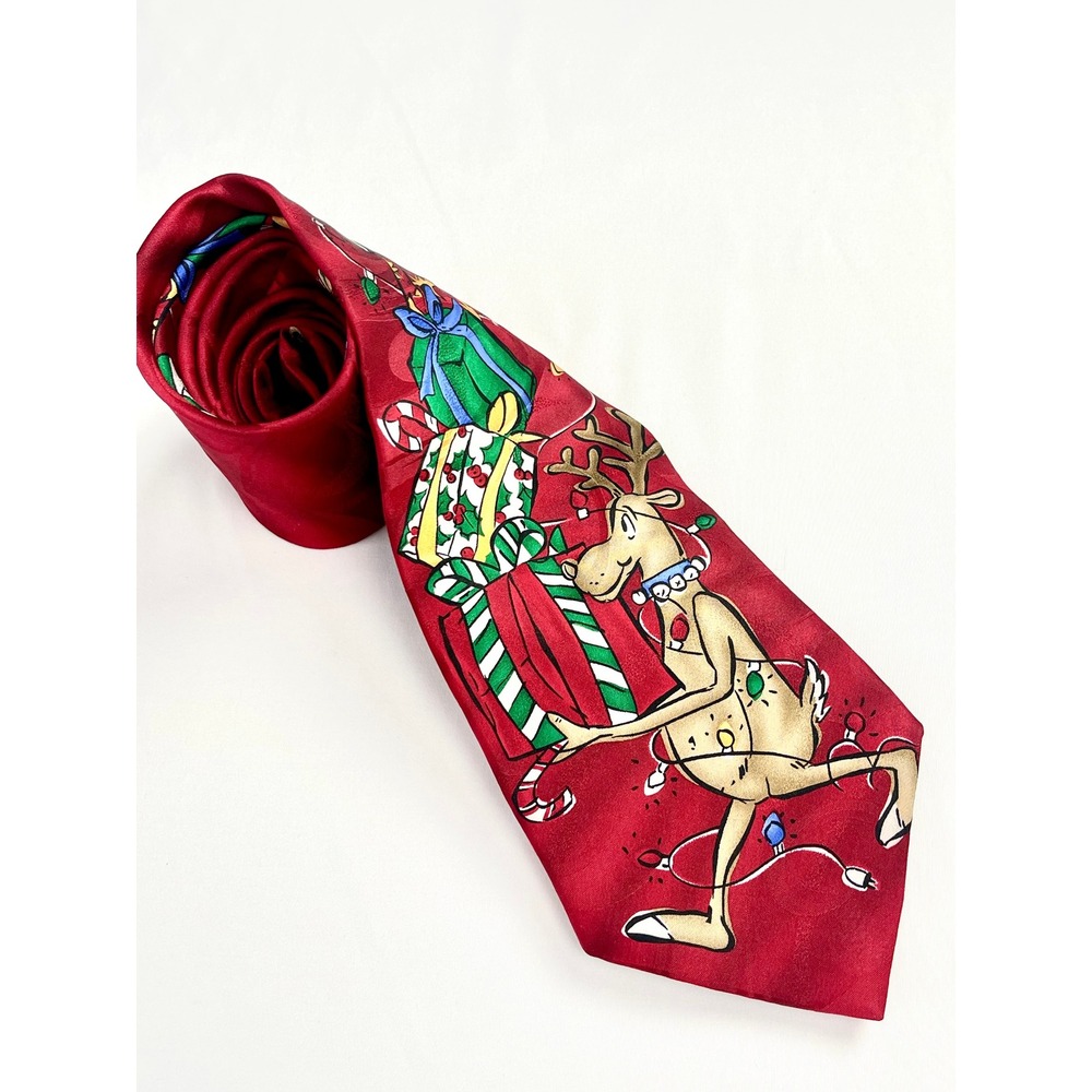 NOEL Christmas Holiday Tie Reindeer Presents Candy Cane Red Novelty 62"